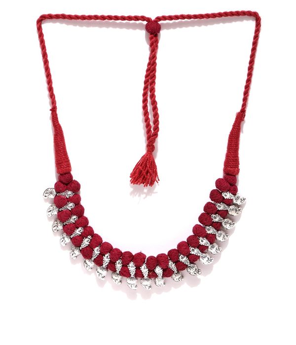 YouBella Oxidised Silver-Toned  Maroon Textured Necklace